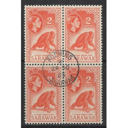 SARAWAK SG205 1965 2c RED-ORANGE FINE USED BLOCK OF 4
