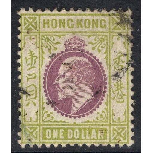HONG KONG SG86a 1906 $1 PURPLE & SAGE-GREEN CHALKY PAPER USED