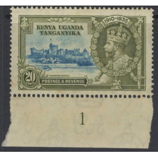 KENYA, UGANDA & TANGANYIKA SG124f 1935 20c DIAGONAL LINE BY TURRET MTD MINT