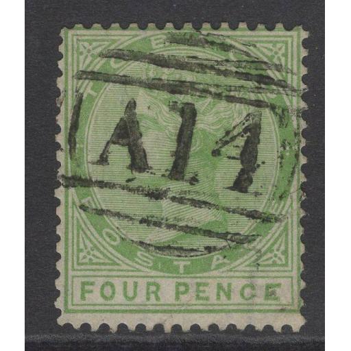 TOBAGO SG10b 1880 4d YELLOW-GREEN MALFORMED "CE" IN PENCE USED CREASE WITH CERT