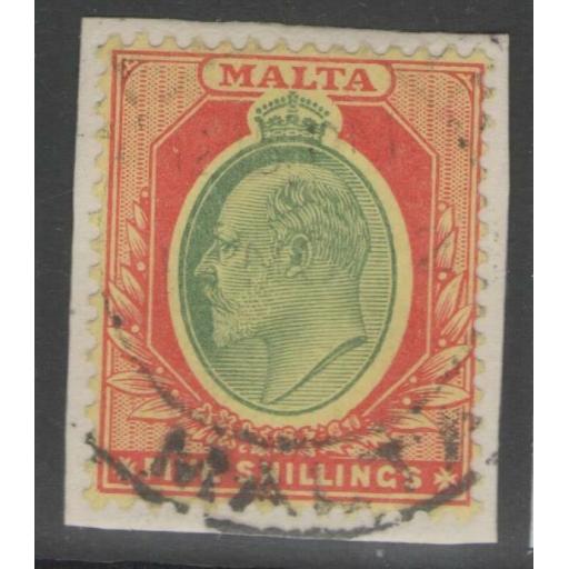 MALTA SG63 1911 5/= GREEN & RED/YELLOW FINE USED ON PIECE