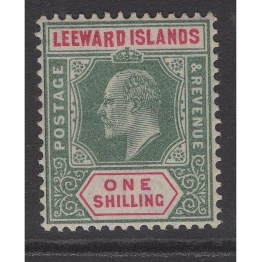 LEEWARD ISLANDS SG26a 1902 1/- GREEN & CARMINE "DROPPED R" MNH