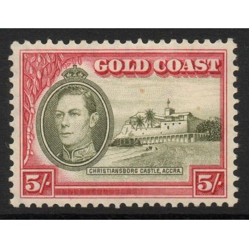 GOLD COAST SG131 1938 5/= OLIVE-GREEN & CARMINE p12 MTD MINT
