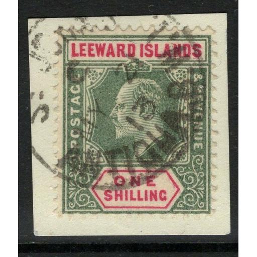 LEEWARD ISLANDS SG26 1902 1/- GREEN & CARMINE FINE USED ON PIECE