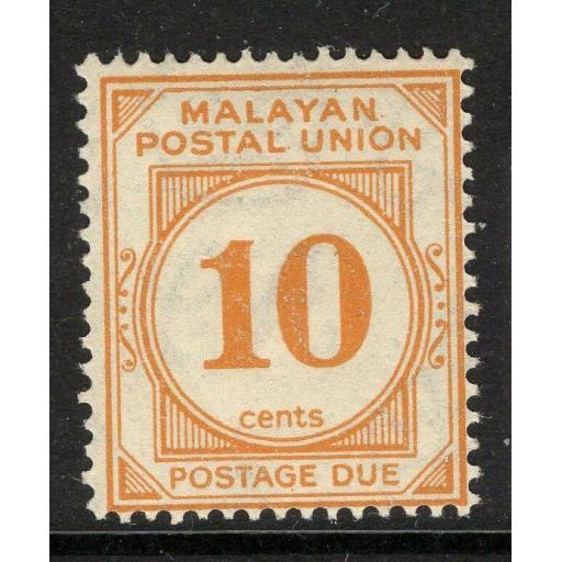 MALAYAN POSTAL UNION SGD4 1936 10c YELLOW-ORANGE MTD MINT