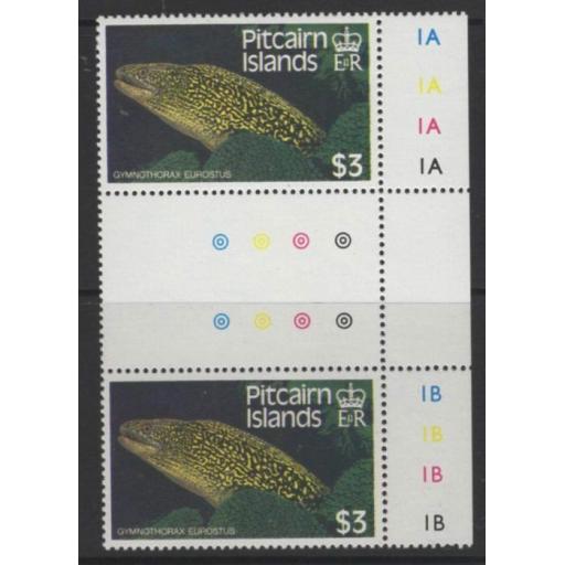 PITCAIRN ISLANDS SG313w 1988 $3 FISH WMK CROWN TO RIGHT OF CA GUTTER PAIR MNH