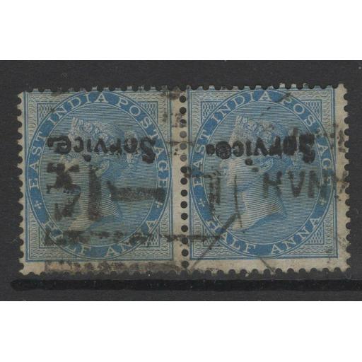 INDIA SGO2a 1866 ½a PALE BLUE USED PAIR FORGED OVERPRINT