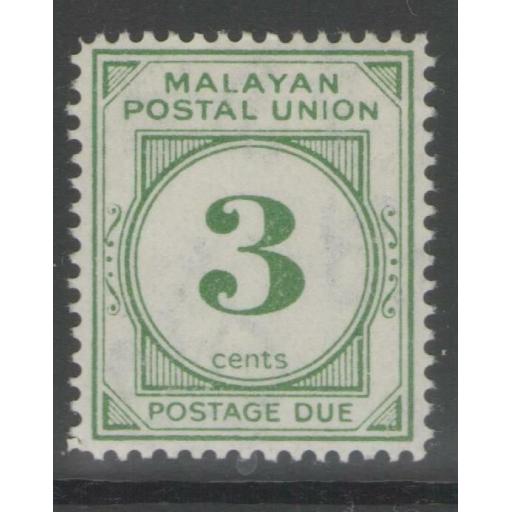 MALAYAN POSTAL UNION SGD16 1952 3c DEEP GREEN p14 MTD MINT