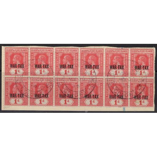 GILBERT & ELLICE IS. SG26 1918 1d RED FINE USED BLOCK OF 12 ON PIECE
