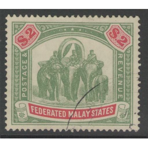 MALAYA FMS SG49 1907 $2 GREEN & CARMINE FINE USED