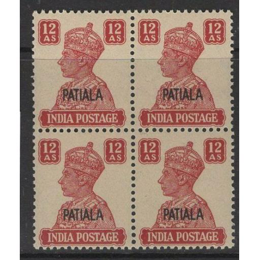 INDIA-PATIALA SG115 1945 12a LAKE MNH BLOCK OF 4