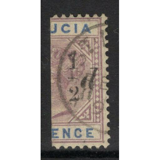 ST.LUCIA SG54e 1891 ½d on HALF 6d SHOWING THICK "1" WITH SLOPING SERIF VAR USED