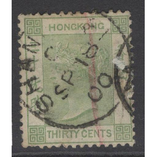 HONG KONG SG39 1891 30c YELLOWISH-GREEN USED