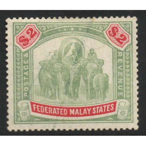 MALAYA FMS SG49 1907 $2 GREEN & CARMINE FISCAL USED