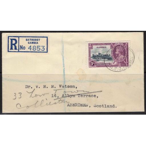 GAMBIA SG146 1935 1/- SILVER JUBILEE USED ON COVER