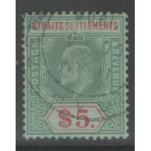 MALAYA STRAITS SETTLEMENTS SG167 1909 $5 GREEN & RED/GREEN FINE USED