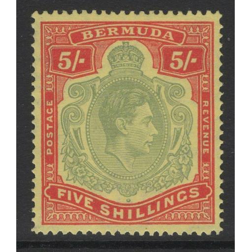 BERMUDA SG118d 1943 5/= PALE BLUISH-GREEN & CARMINE-RED ORD PAPER MTD MINT