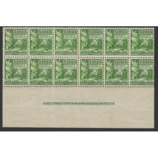 SAMOA SG153 1921 ½d GREEN p14x13½ MNH BLOCK OF 12 WITH 2 VERT FOLDS THROUGH PERF