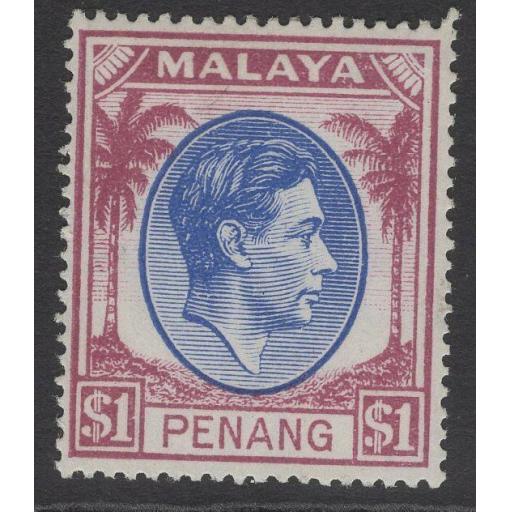 MALAYA PENANG SG20 1949 $1 BLUE & PURPLE MTD MINT