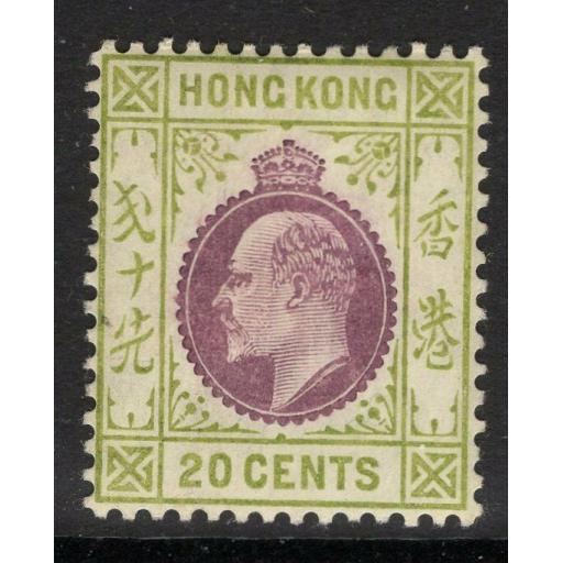 HONG KONG SG96 1911 20c PURPLE & SAGE-GREEN MTD MINT