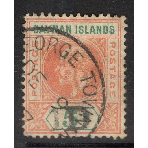 CAYMAN ISLANDS SG19 1911 1d on 5/- SALMON & GREEN FINE USED