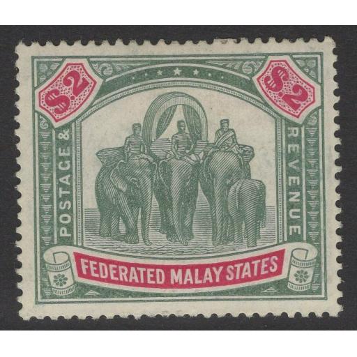 MALAYA FMS SG49 1907 $2 GREEN & CARMINE HEAVY MTD MINT