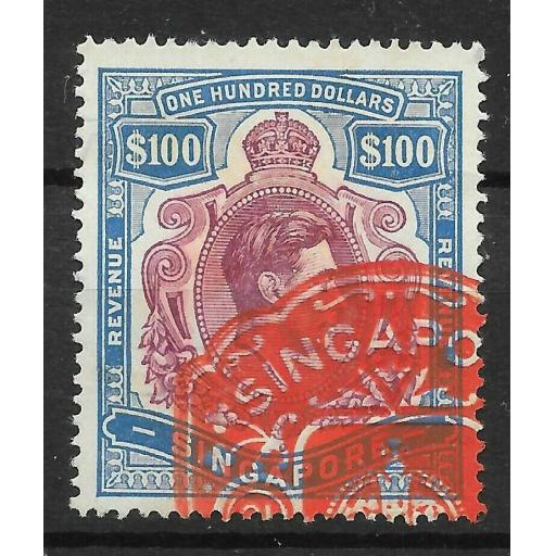 SINGAPORE Bft2 1948 100 PURPLE & BLUE REVENUE STAMP USED