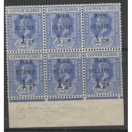 CAYMAN ISLANDS SG54+54a(x2) 1917 1½d on 2½d DEEP BLUE BLOCK OF 6 MNH