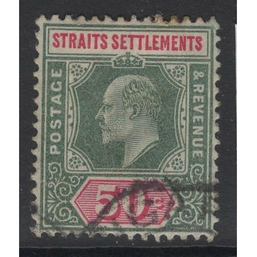 MALAYA STRAITS SETTLEMENTS SG135b 1906 50c DULL GREEN &CARMINE CHALKY PAPER USED
