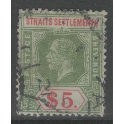 MALAYA STRAITS SETTLEMENTS SG212 1913 $5 GREEN & RED/GREEN USED
