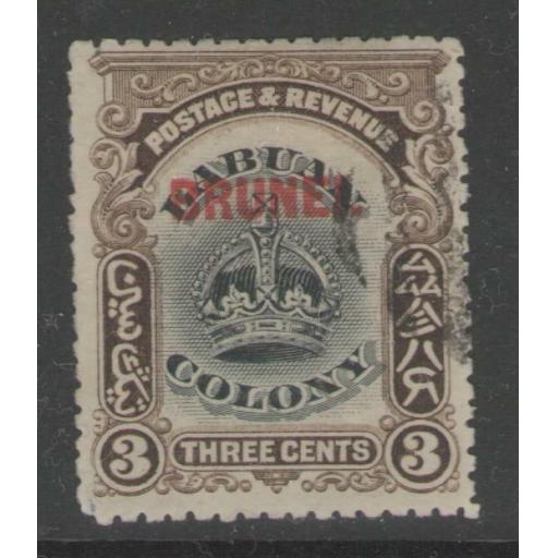 BRUNEI SG14 1906 3c BLACK & SEPIA FINE USED