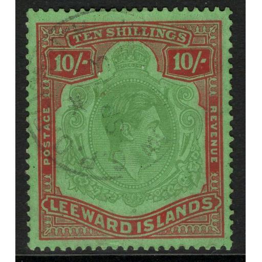 LEEWARD ISLANDS SG113a 1944 10/- PALE GREEN & DULL RED/GREEN ORD PAPER FINE USED