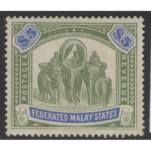 MALAYA FMS SG80 1925 $5 GREEN & BLUE MTD MINT