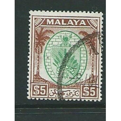 MALAYA NEGRI SEMBILAN SG62 1949 $5 GREEN & BROWN FINE USED