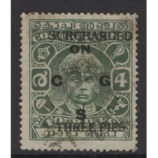 INDIA-COCHIN SGO63 1943 3p on 4p GREEN p13x13½ USED