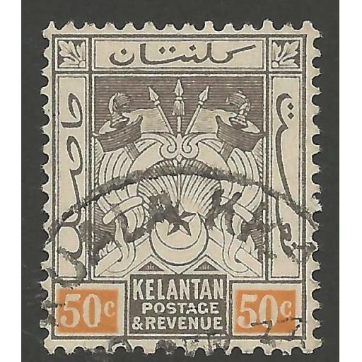 MALAYA KELANTAN SG22 1925 50c BLACK & ORANGE FINE USED