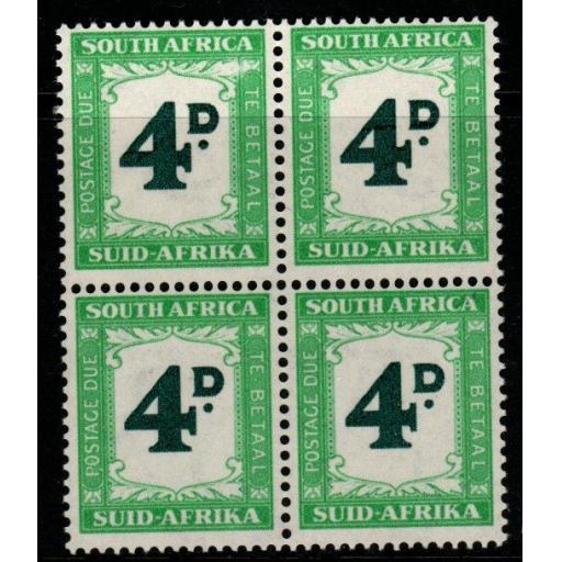 SOUTH AFRICA SGD42 1958 4d POSTAGE DUE BLOCK OF 4 MNH