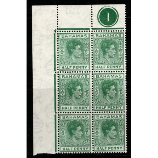 BAHAMAS SG149d 1946 ½d MYRTLE-GREEN MNH PLATE BLOCK OF 6