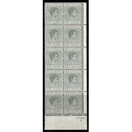 BAHAMAS SG150a 1941 1d OLIVE-GREY MNH BLOCK OF 10