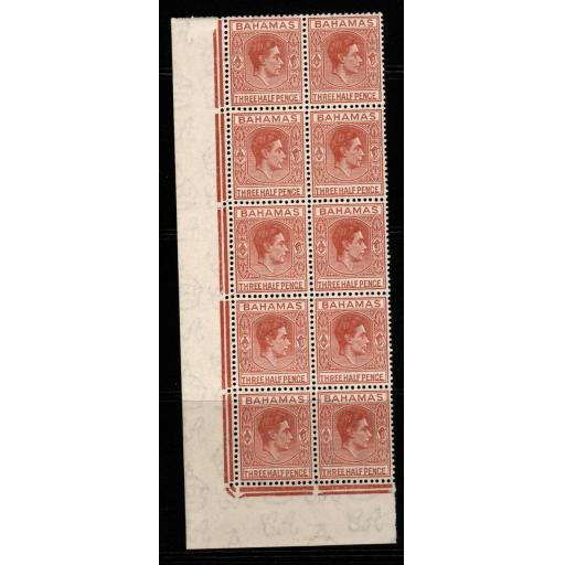 BAHAMAS SG151a 1948 1½d PALE RED-BROWN MNH BLOCK OF 10