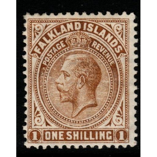 FALKLAND ISLANDS SG65 1912 1/= LIGHT BISTRE-BROWN MTD MINT