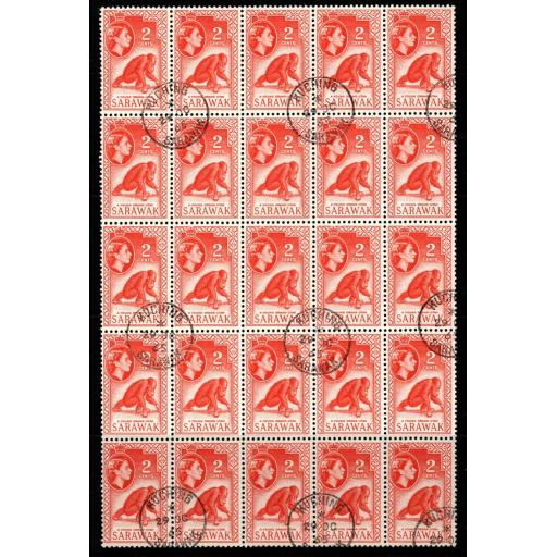 SARAWAK SG205 1965 2c RED-ORANGE FINE USED BLOCK OF 25