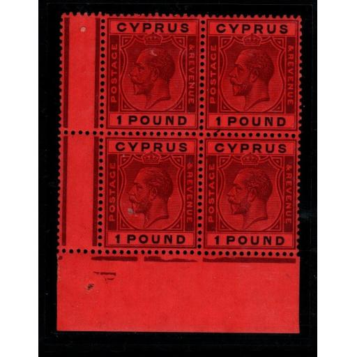 CYPRUS SG102 1924 £1 PURPLE & BLACK/RED BLOCK OF 4 MNH (1x VLMM)