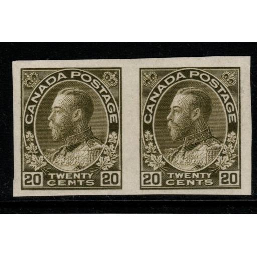 CANADA SG213var 1911 20c OLIVE-GREEN IMPERFORATE PAIR MTD MINT