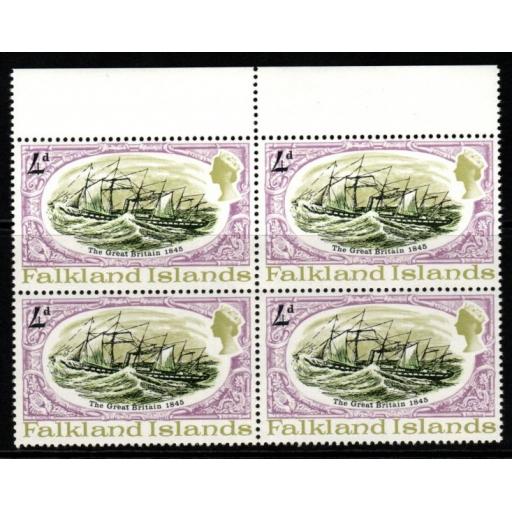 FALKLAND ISLANDS SG259w 1970 4d SS GREAT BRITAIN WMK CROWN TO RIGHT OF CA BLK OF 4 MNH