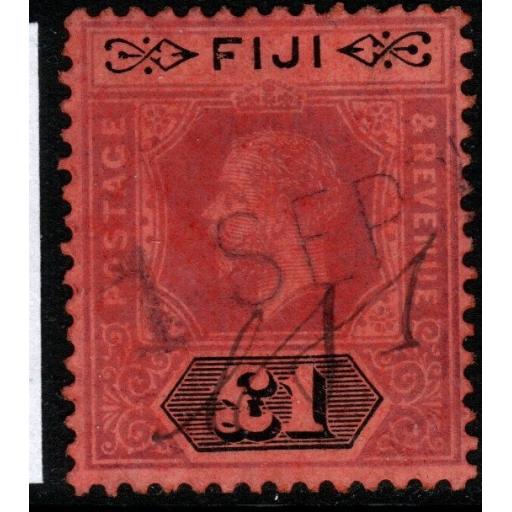 FIJI SG137 1914 £1 PURPLE & BLACK/RED FISCALLY USED