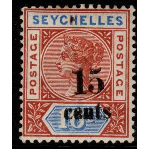 SEYCHELLES SG19 1893 15c on 16c CHESTNUT & BLUE DIE II MTD MINT