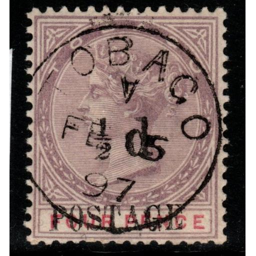 TOBAGO SG33a 1896 ½d on 4d LILAC & CARMINE SPACE BETWEEN "½" AND "d" USED