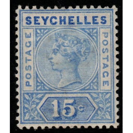 SEYCHELLES SG30a 1900 15c ULTRAMARINE WITH REPAIRED "S" MTD MINT