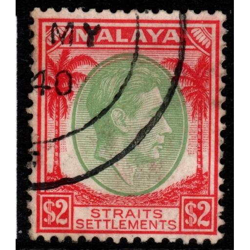 MALAYA STRAITS SETTLEMENTS SG291 1938 $2 GREEN & SCARLET USED